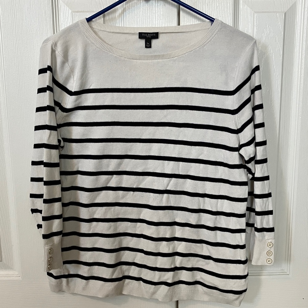 Talbots Cream and Black Striped 3/4 Sleeve Top